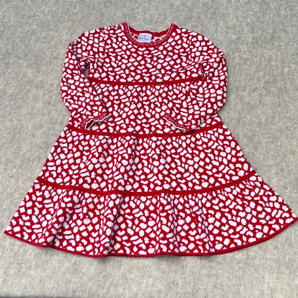 Hanna Andersson Red and White Heart  Print Tiered Sweater Dress Kids Size 110/5/